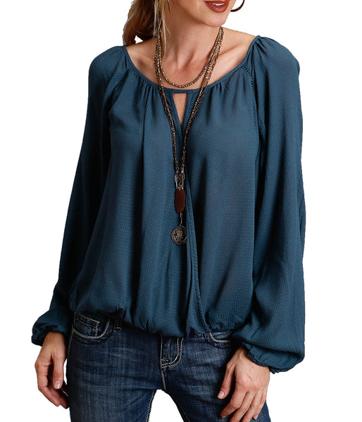 Stetson Women's Blue Crinkle Crepe Blouse