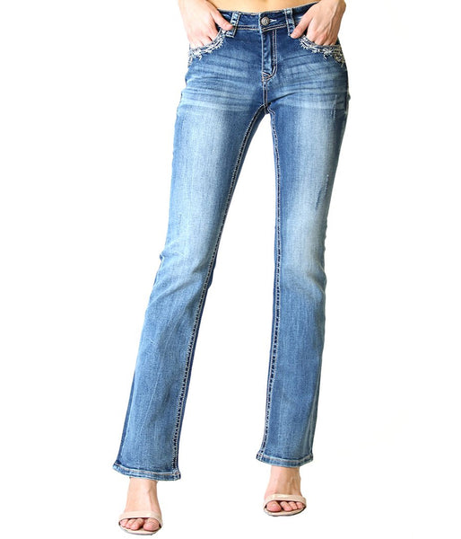GRACE WAVE EMBELLISHED DESIGN EASY BOOTCUT JEANS