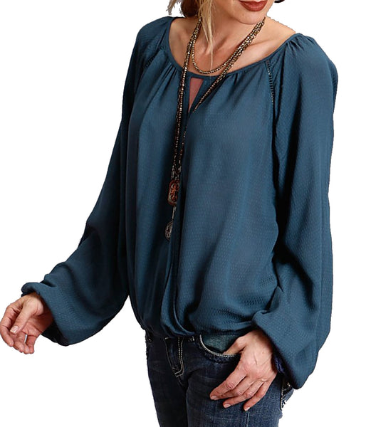 Stetson Women's Blue Crinkle Crepe Blouse