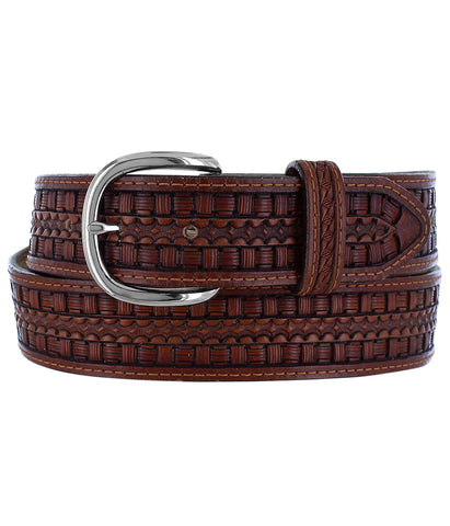 TONY LAMA FLORAL HAND TOOLED BELT - BROWN