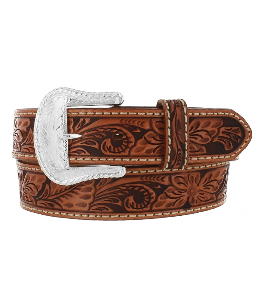 TONY LAMA FLORAL HAND TOOLED BELT - BROWN