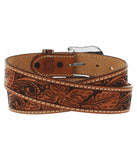 TONY LAMA FLORAL HAND TOOLED BELT - BROWN