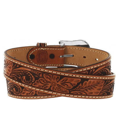 TONY LAMA FLORAL HAND TOOLED BELT - BROWN